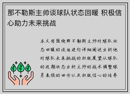 那不勒斯主帅谈球队状态回暖 积极信心助力未来挑战