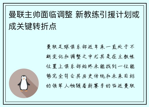 曼联主帅面临调整 新教练引援计划或成关键转折点