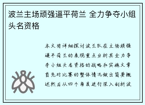 波兰主场顽强逼平荷兰 全力争夺小组头名资格